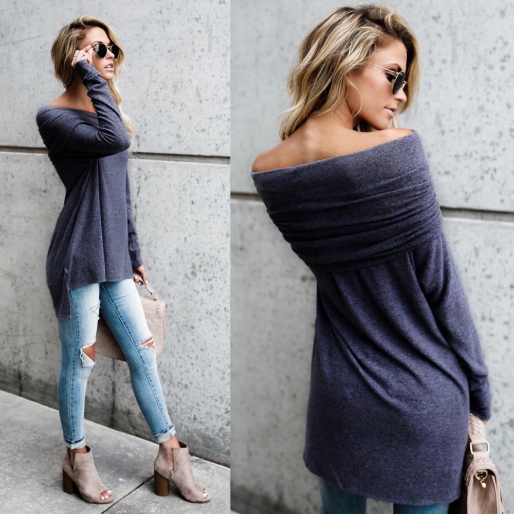 Foldover Off Shoulder High Low Knit Sweater Top - Picture 4 of 11